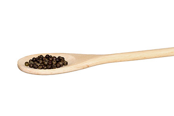 Image showing Black pepper on a light wooden spoon