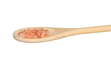 Image showing Pink salt on a light wooden spoon