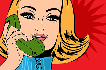 Image showing pop art cute retro woman in comics style talking on the phone