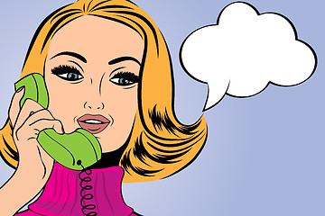 Image showing pop art cute retro woman in comics style talking on the phone