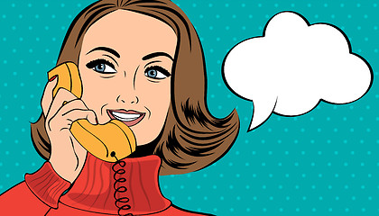 Image showing pop art cute retro woman in comics style talking on the phone