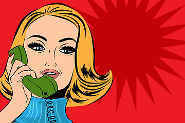 Image showing pop art cute retro woman in comics style talking on the phone