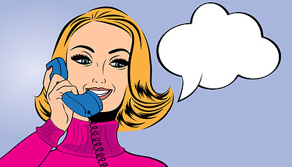 Image showing pop art cute retro woman in comics style talking on the phone