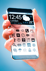 Image showing Smartphone with transparent screen in human hands.