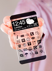 Image showing Smartphone with transparent screen in human hands.