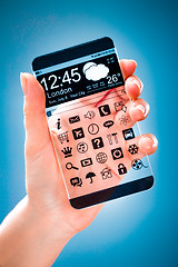 Image showing Smartphone with transparent screen in human hands.