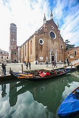 Image showing View of water canal in front of Basilica dei Frari