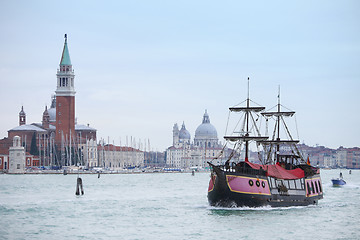 Image showing Galleass sailing in italian water canal
