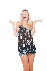 Image showing Suprised Woman in skull t-shirt