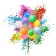 Image showing Color balloons and powder explosion isolated on white