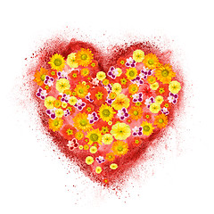 Image showing red heart made of powder explosion with flowers isolated on whit