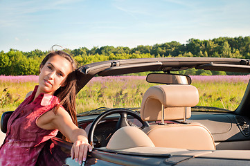 Image showing Beautiful brunette female near car