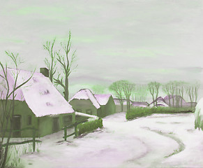 Image showing Painting, old farms in a village