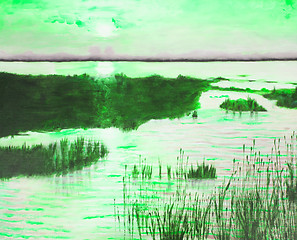 Image showing Original oil painting showing beautiful lake