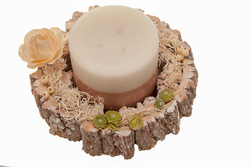 Image showing Decoration with a candle, tree bark and Houseleek Carved Rose Wood