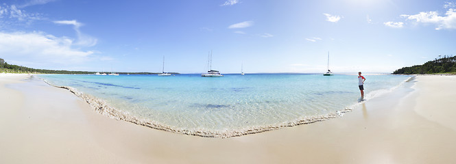 Image showing Tourist at scenic Long Beach Jervis Bay