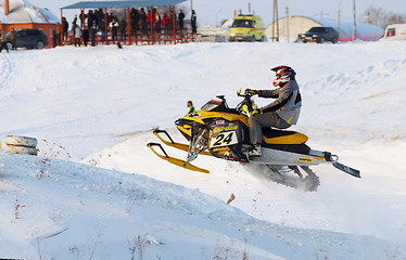 Image showing Sport snowmobile jump