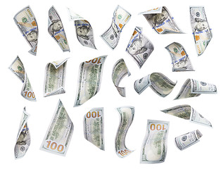 Image showing Set of Falling or Floating $100 Bills Each Isolated