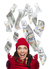 Image showing Young Excited Woman with $100 Bills Falling Around Her