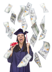 Image showing Female Graduate Holding $100 Bills with Many Falling Around Her