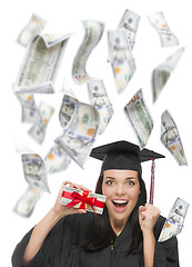 Image showing Female Graduate Holding $100 Bills with Many Falling Around Her