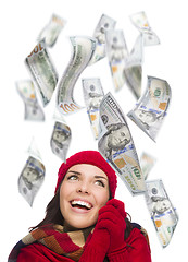 Image showing Young Excited Woman with $100 Bills Falling Around Her