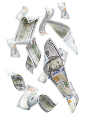 Image showing Randomly Falling $100 Bills on White