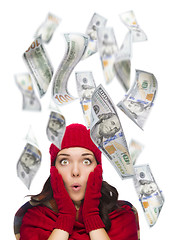 Image showing Young Excited Woman with $100 Bills Falling Around Her