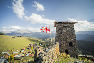 Image showing Georgia flag mountain village towers tourism