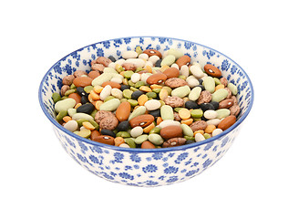 Image showing Mixed dried beans in a blue and white china bowl