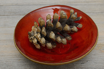 Image showing pine cones on a red ceramic bowl