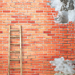 Image showing red brick wall with wooden ladder