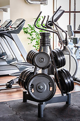 Image showing Barbell plates rack in the gym