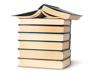 Image showing Stack of six old books with an open top rotated