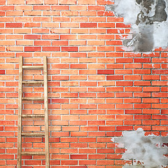 Image showing red brick wall with wooden ladder