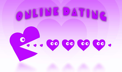 Image showing Concept of dating - big Pacman heart hunting small hearts