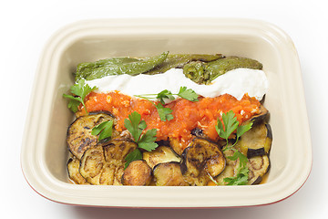 Image showing Aubergine tomato and pepper meze