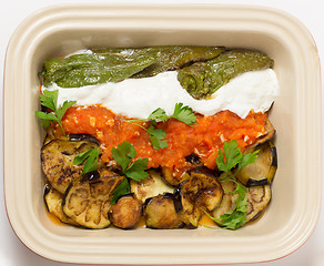 Image showing Aubergine and pepper meze bowl from above