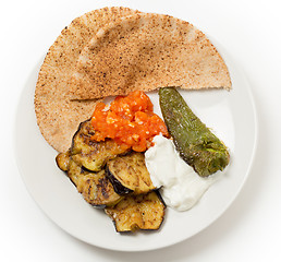 Image showing Aubergine meze plate from above