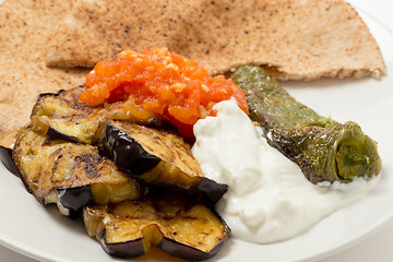 Image showing Aubergine tomato and pepper meze