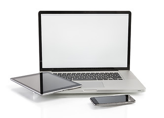 Image showing Laptop, tablet and phone with copy space on screen