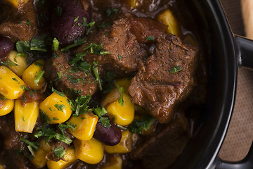 Image showing Tasty winter traditional hot pot stew with meat and vegetables 