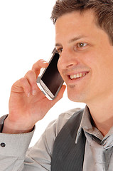 Image showing Closeup man on cell phone.