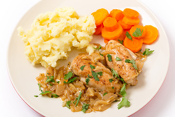 Image showing Chicken in almond sauce dinner high angle