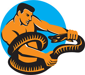 Image showing Man Fighting Boa Constrictor Snake Retro