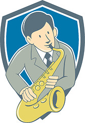 Image showing Musician Playing Saxophone Shield Cartoon