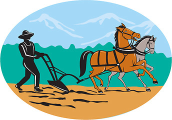 Image showing Farmer and Horses Plowing Field Cartoon