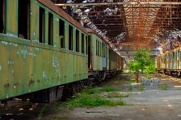 Image showing Cargo trains in old train depot