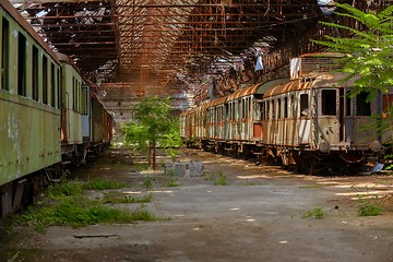 Image showing Cargo trains in old train depot