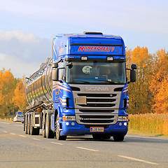 Image showing Blue Scania R440 Tank Truck on Autumn Highway